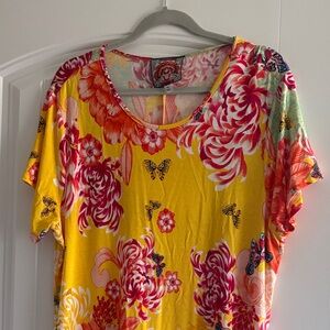 Johnny Was Yellow Floral & Butterfly Short Sleeve Dress
